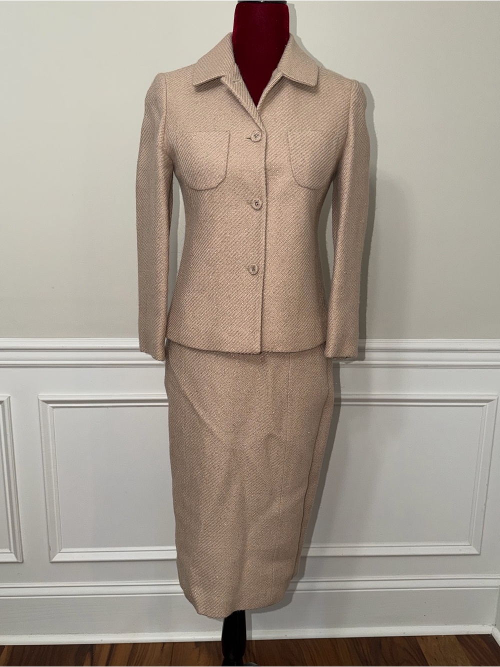 Solezia Korean Luxury Wool Blend Tweed Skirt Suit Set Beige-Rose Metallic Shimme